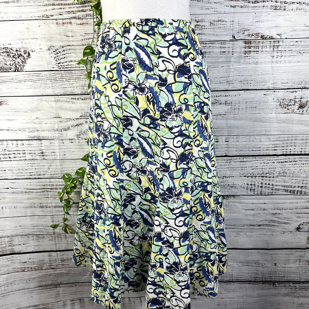 JM Collection Skirt 16 Petite Blue Green Yellow Floral Linen Calf Midi Hawaii - Picture 2 of 13